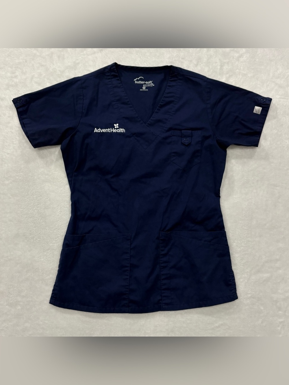Butter-soft Stretch AdventHealth Navy Blue V-Neck Scrub Top Women’s size XS
